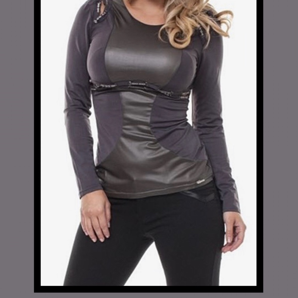 Dual Fabric Tie Trim Slim Fit Grey/Silver Top NWT